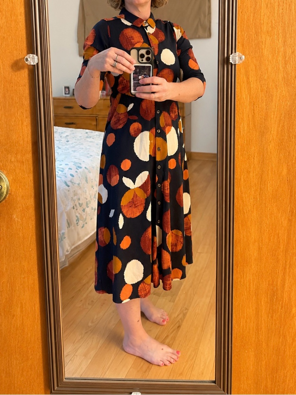 White Stuff ~ Navy Midi Shirt Dress with Multi-Color Polka Dot Print